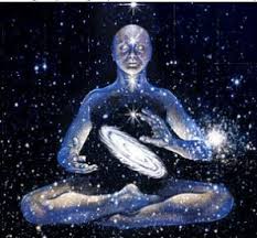 Celestial Being sitting Lotus Position, with Galaxy shaped energy situated between cupped hands